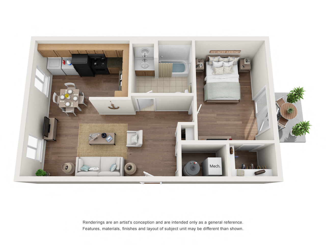 Floor plan for 1 bed, 1 bath, 645 sqft